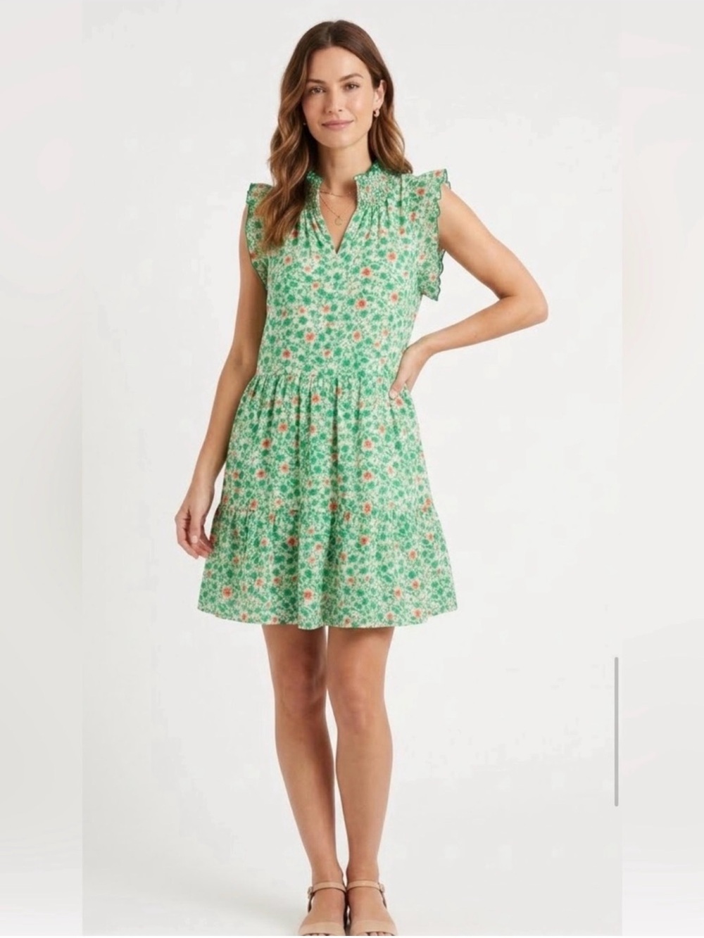 MELLODAY Mint Green Floral Ruffle-Sleeve Dress